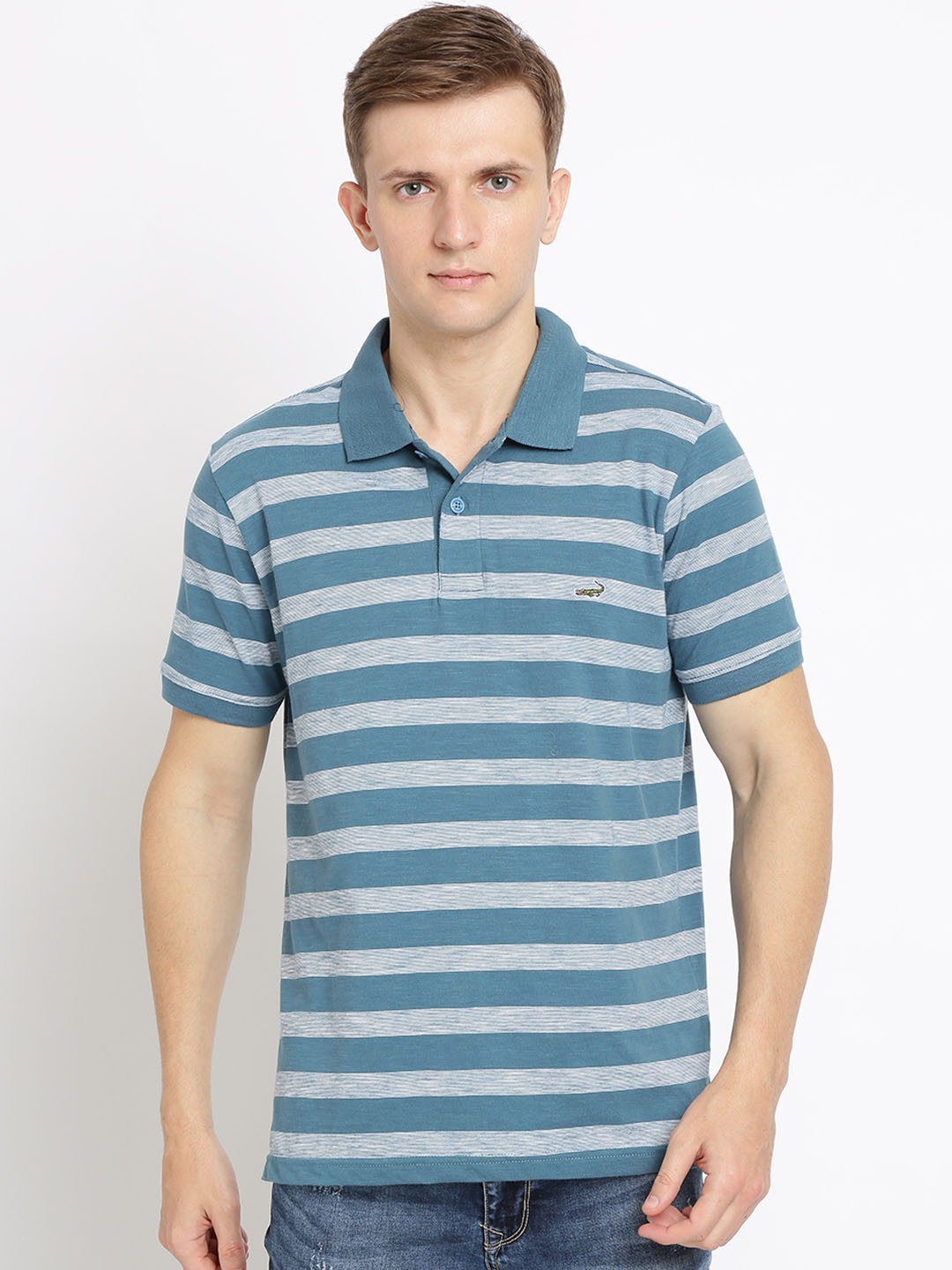 

Crocodile Men Blue & Grey Striped Slim Fit Polo Collar T-shirt