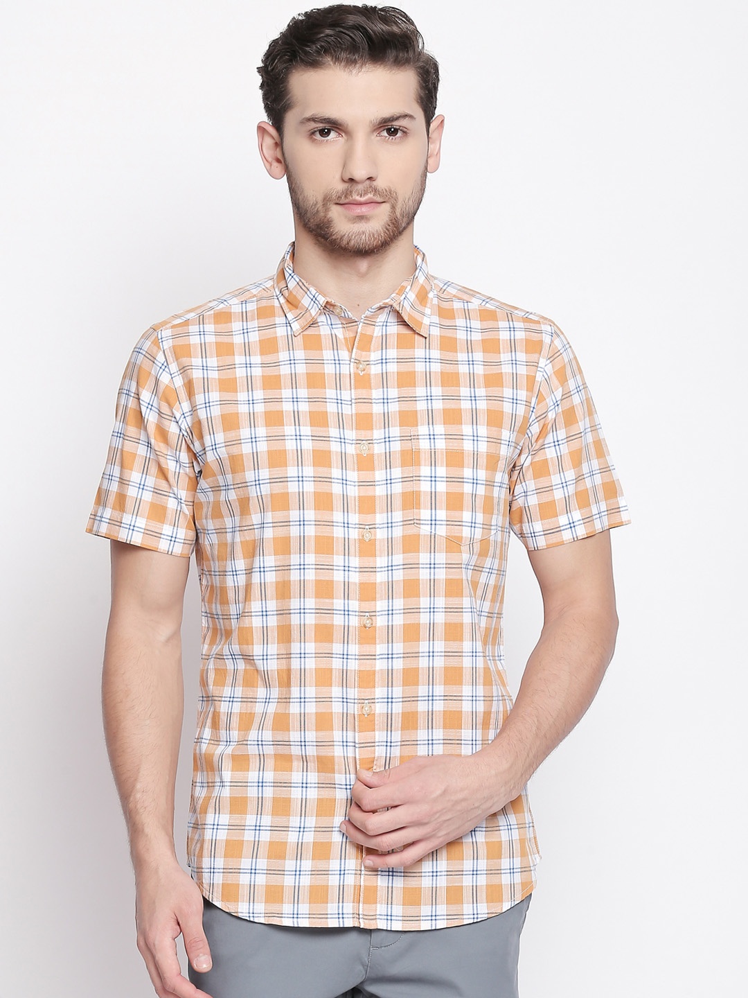 

BYFORD by Pantaloons Men Yellow & White Regular Fit Checked Casual Shirt