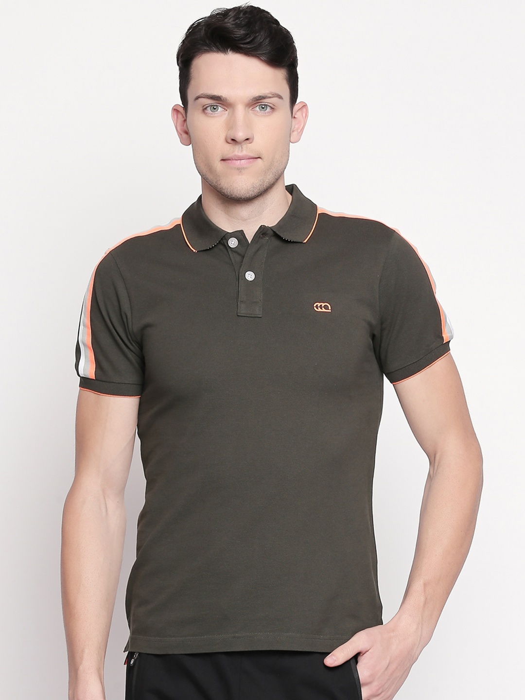 Ajile by Pantaloons Men Olive Green Slim Fit Solid Polo Collar Pure Cotton T-shirt