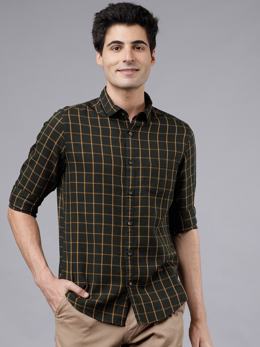 

HIGHLANDER Men Olive Green & Mustard Yellow Slim Fit Checked Casual Shirt