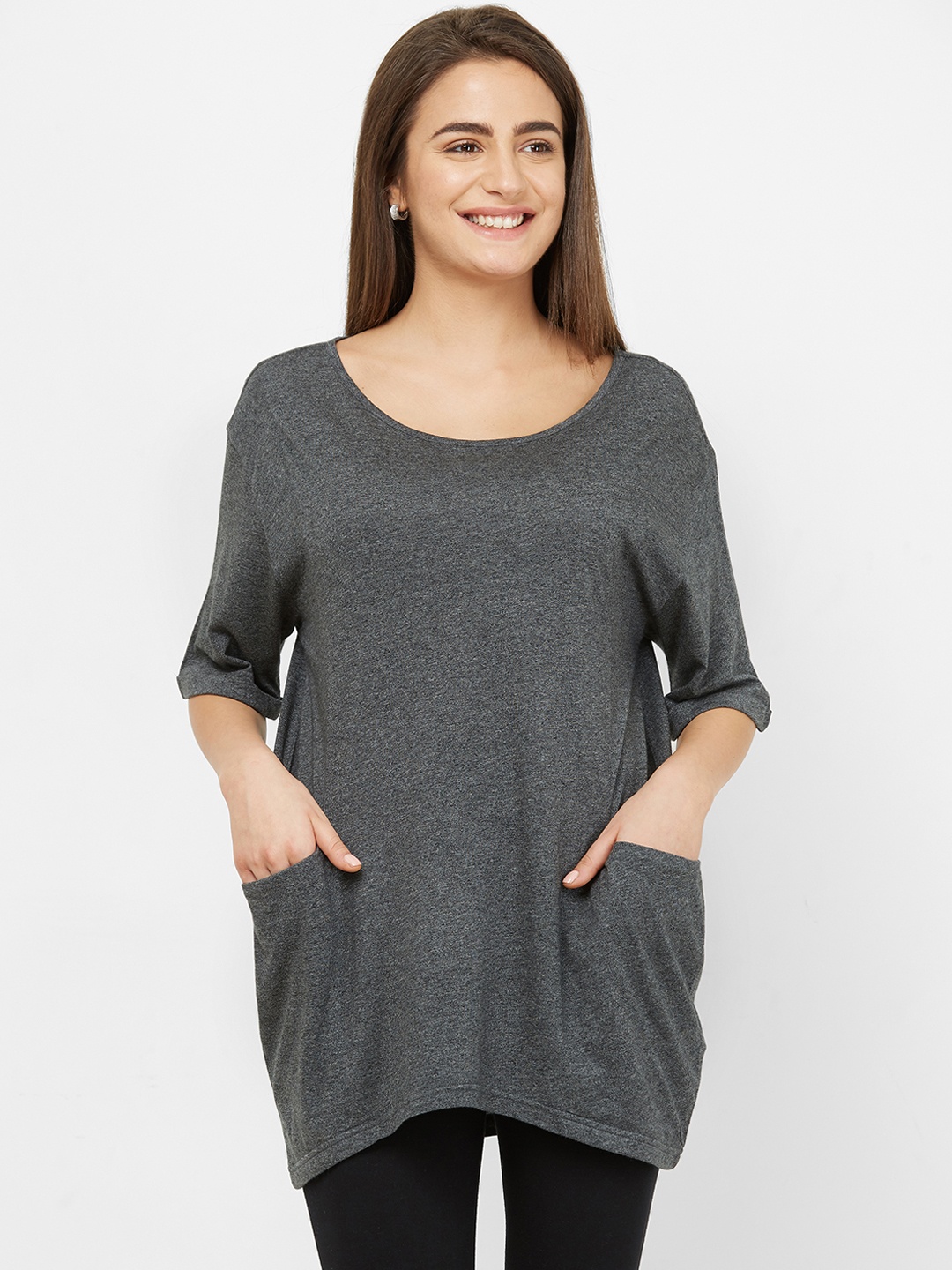

Mystere Paris Women Charcoal Grey Solid Boxy Lounge T-Shirt