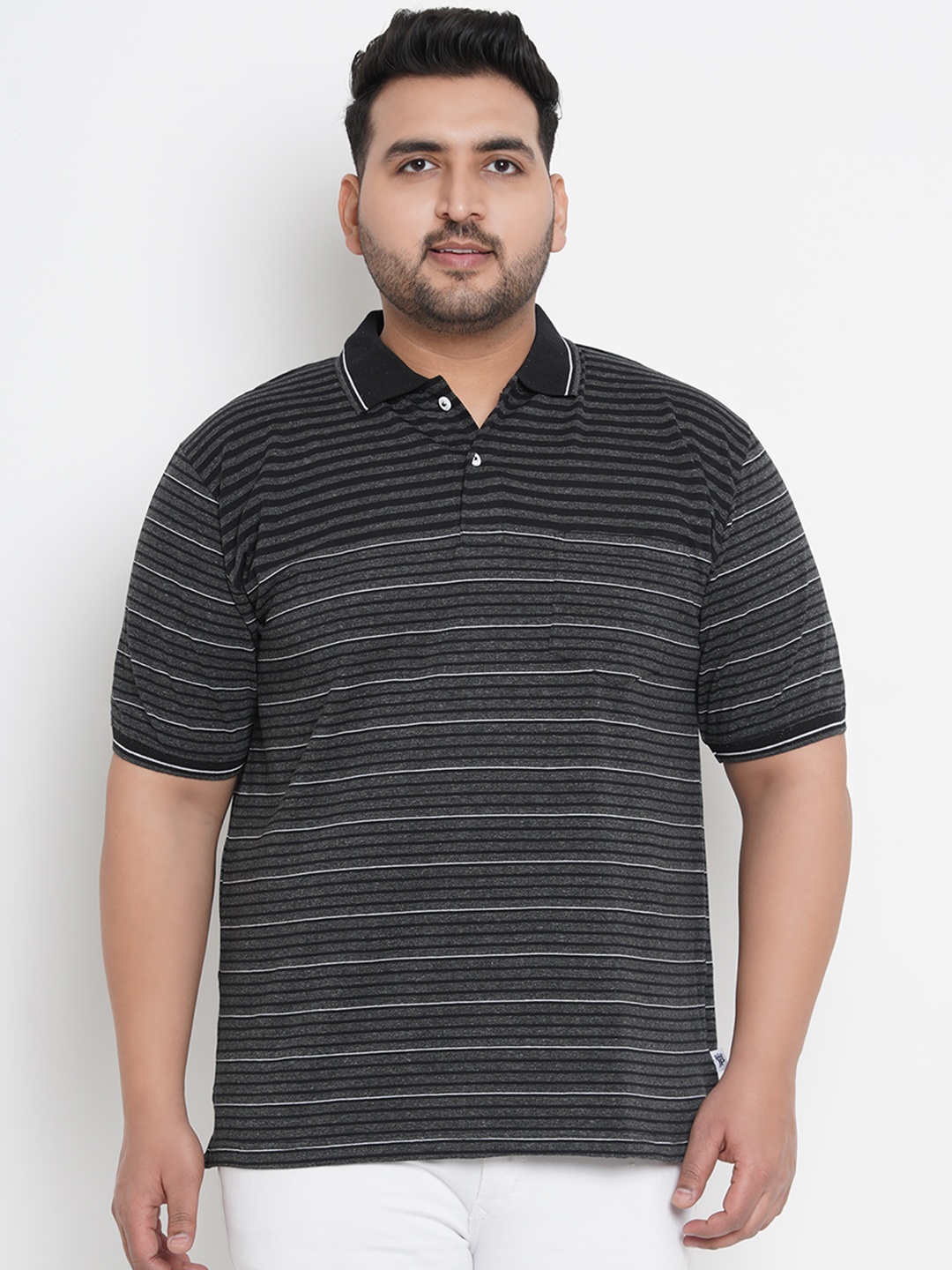 

John Pride Plus Size Men Black Striped Polo Collar T-shirt