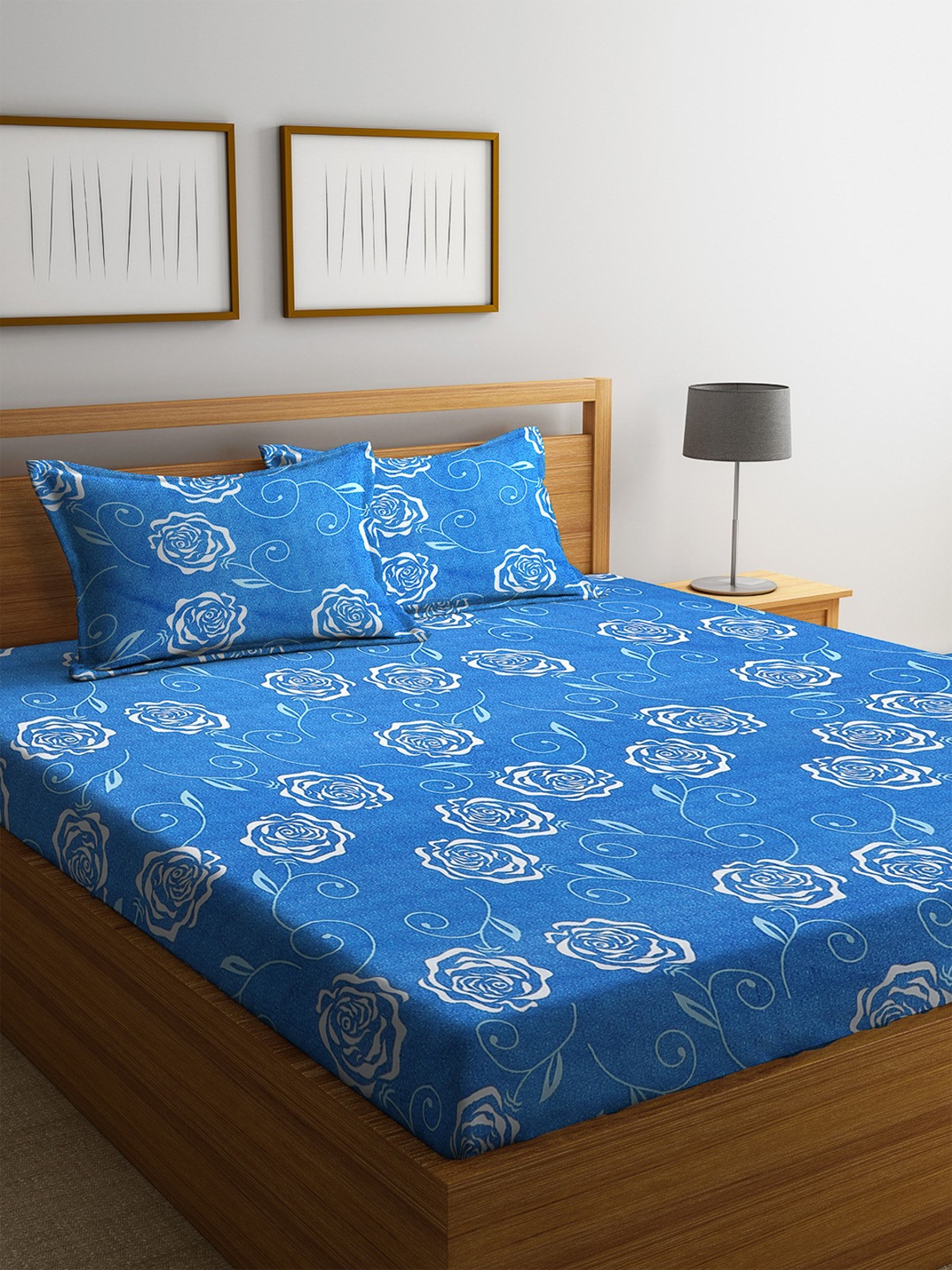 

ROMEE Blue Floral 144 TC Cotton 1 Queen Bedsheet with 2 Pillow Covers