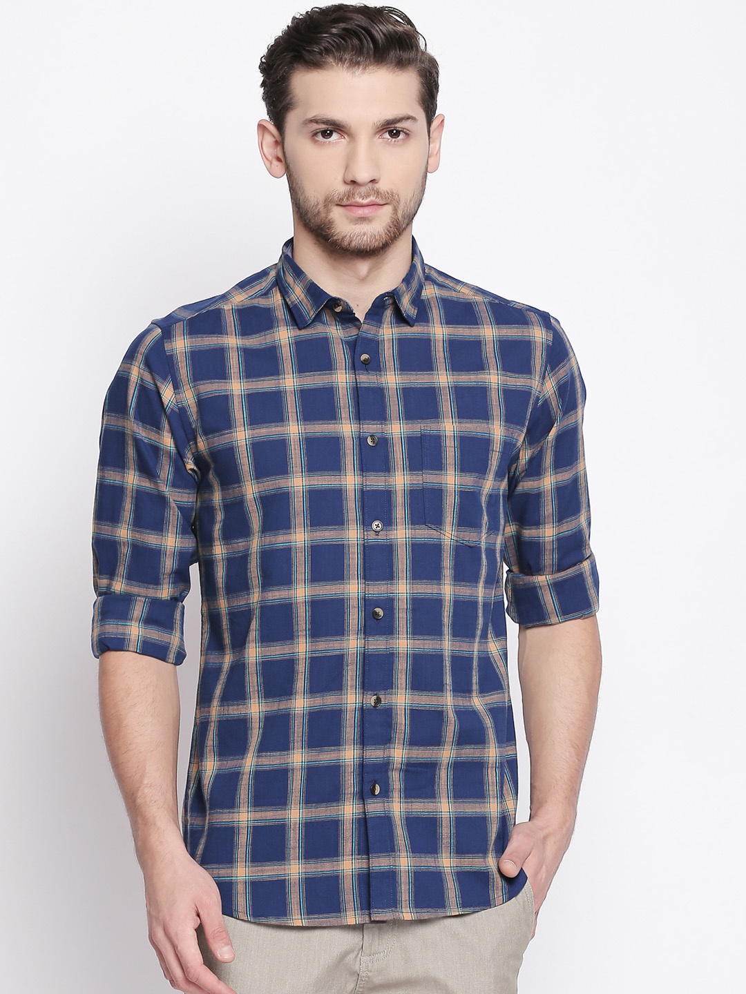 

BYFORD by Pantaloons Men Navy Blue Slim Fit Checked Casual Shirt