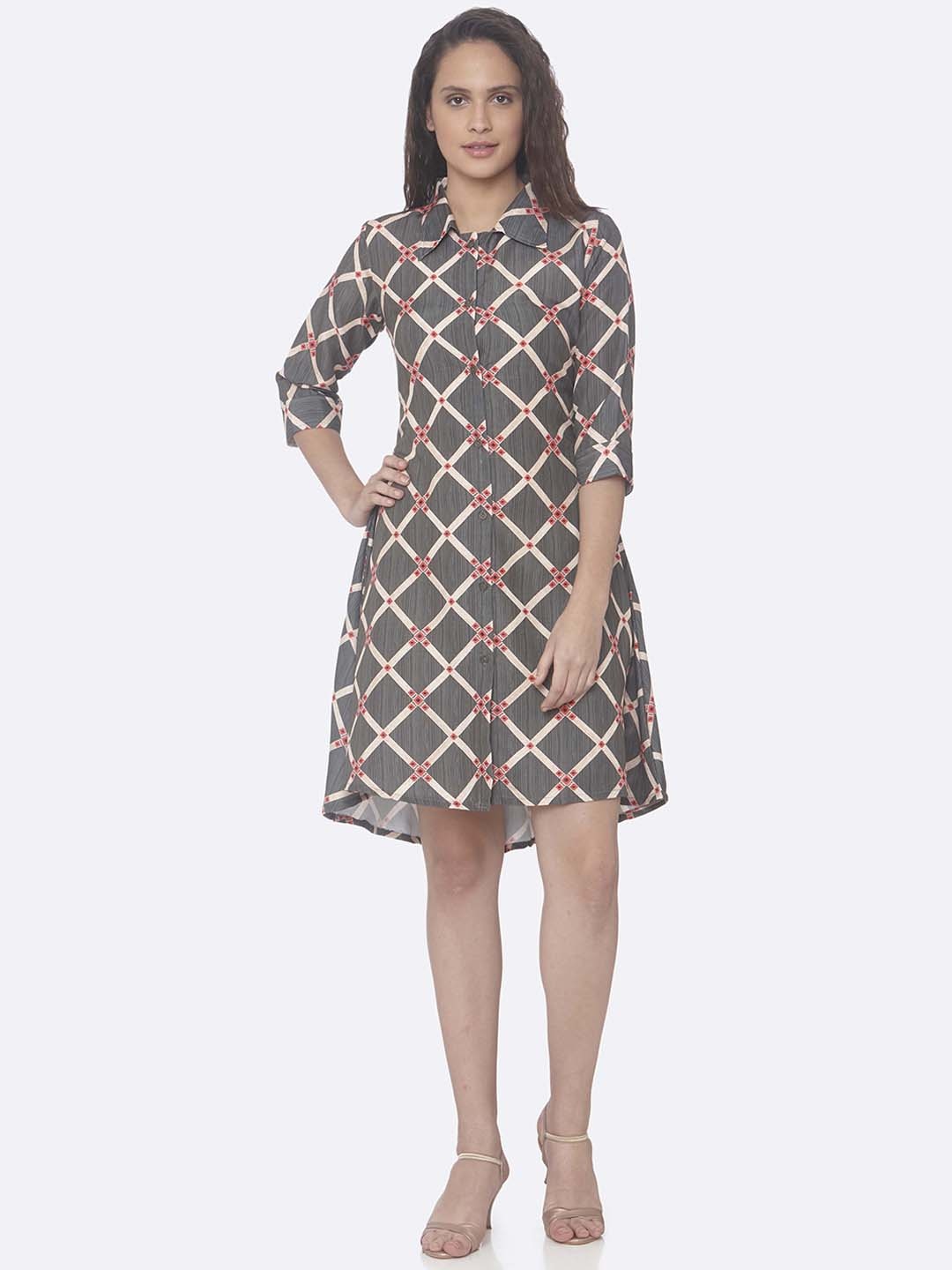 

RAISIN Women Grey Checked Shirt Dress
