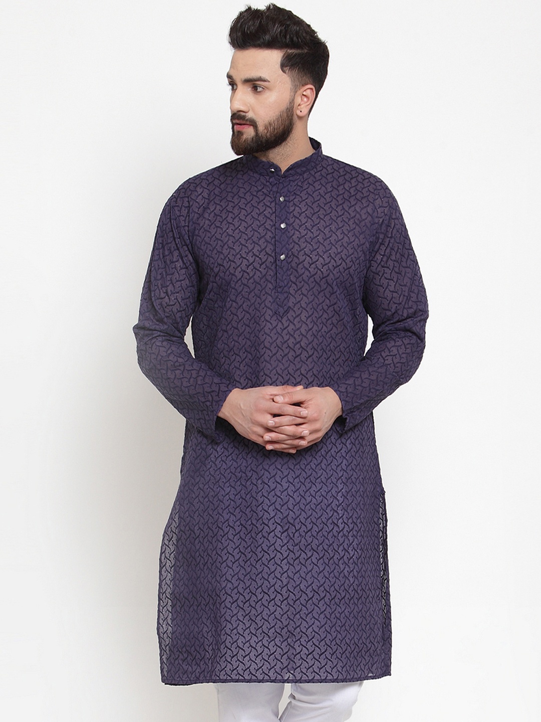 

Jompers Men Navy Blue Embroidered Straight Kurta