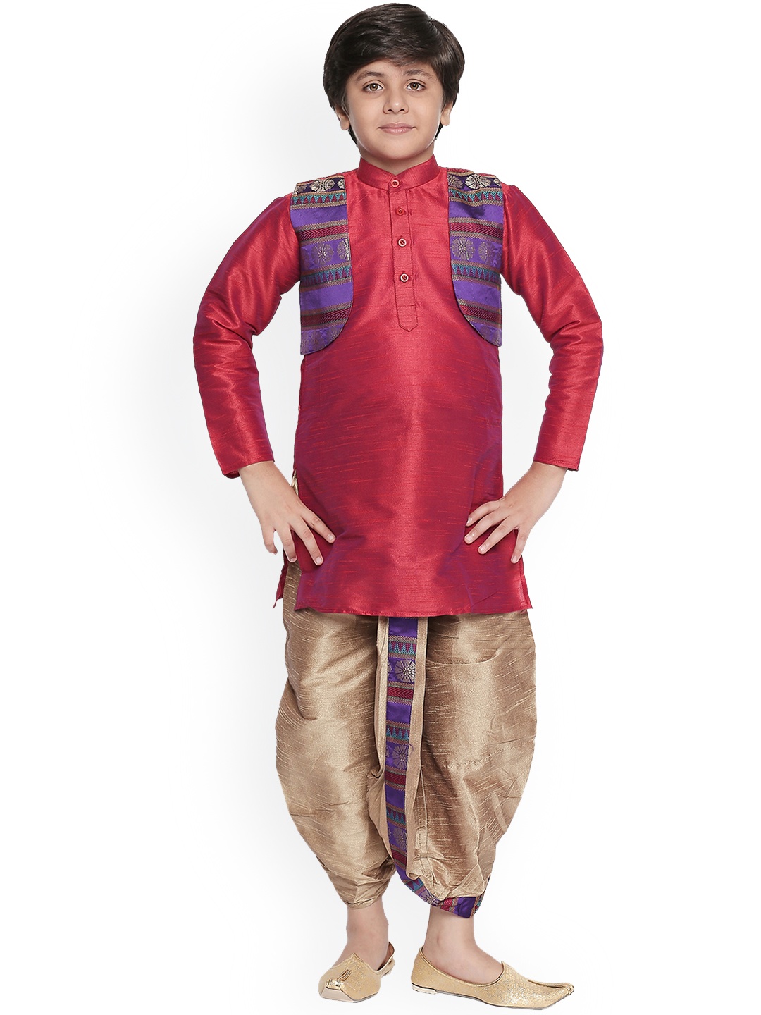 

Jeetethnics Boys Pink & Gold-Toned Self Design Kurta Set with Jacket