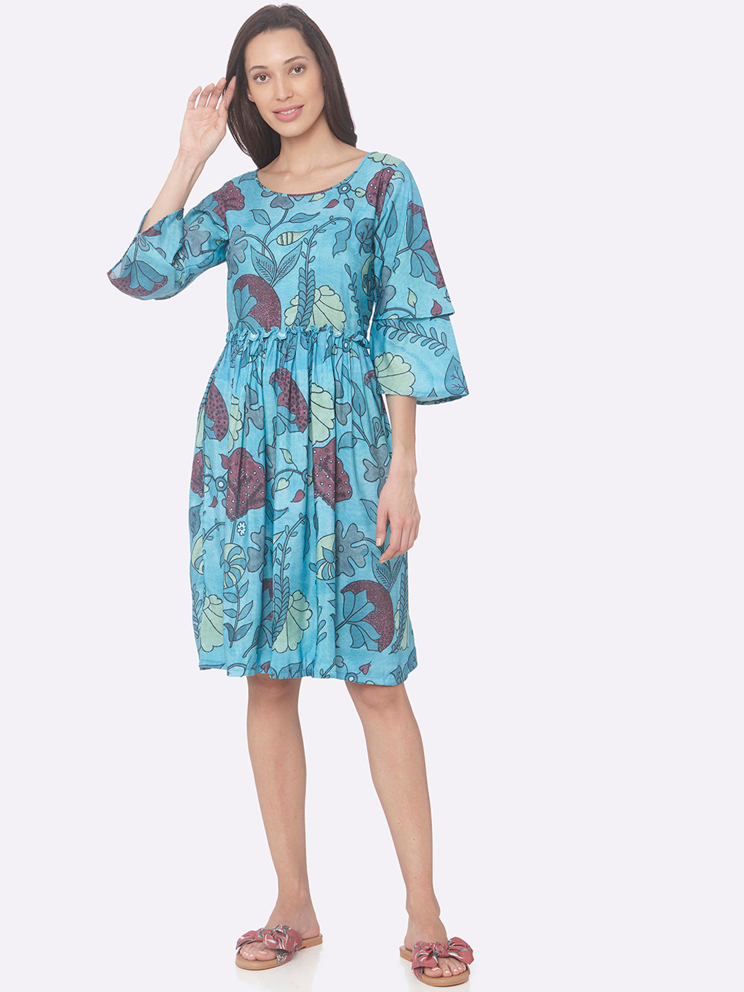 

RAISIN Women Turquoise Blue Printed Fit and Flare Dress