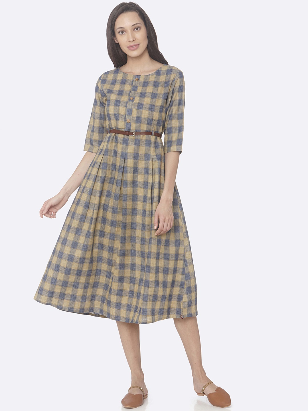 

RAISIN Women Navy Blue & Yellow Checked Fit and Flare Dress