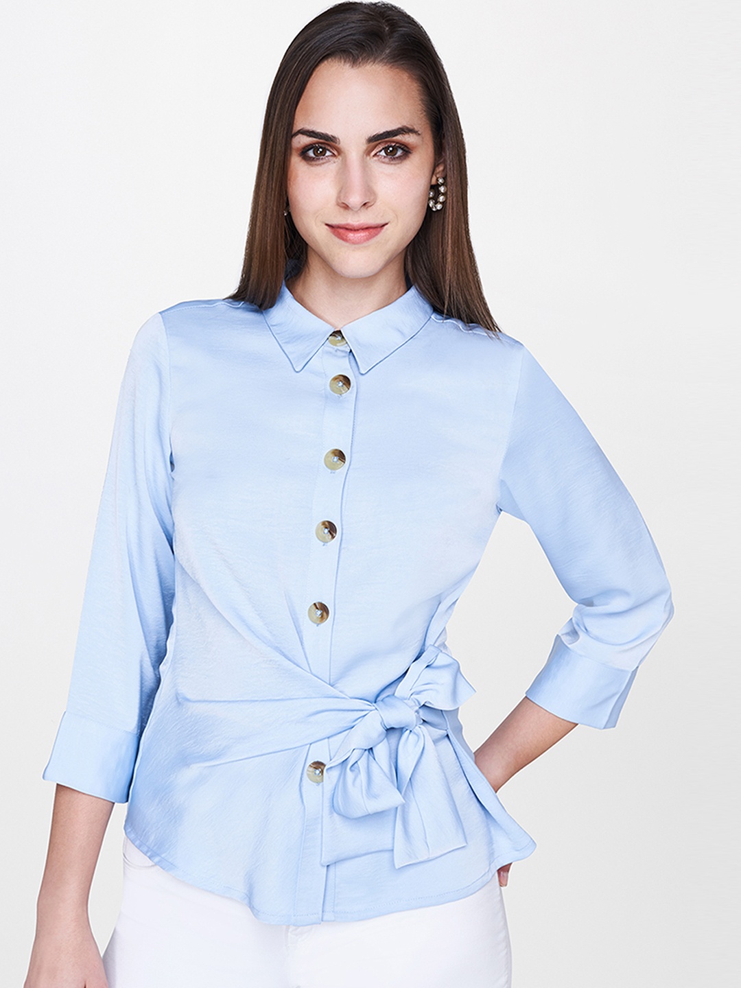 

AND Women Blue Solid Shirt Style Top