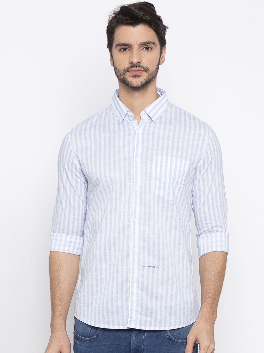 

SPYKAR Men Blue & White Slim Fit Striped Casual Shirt