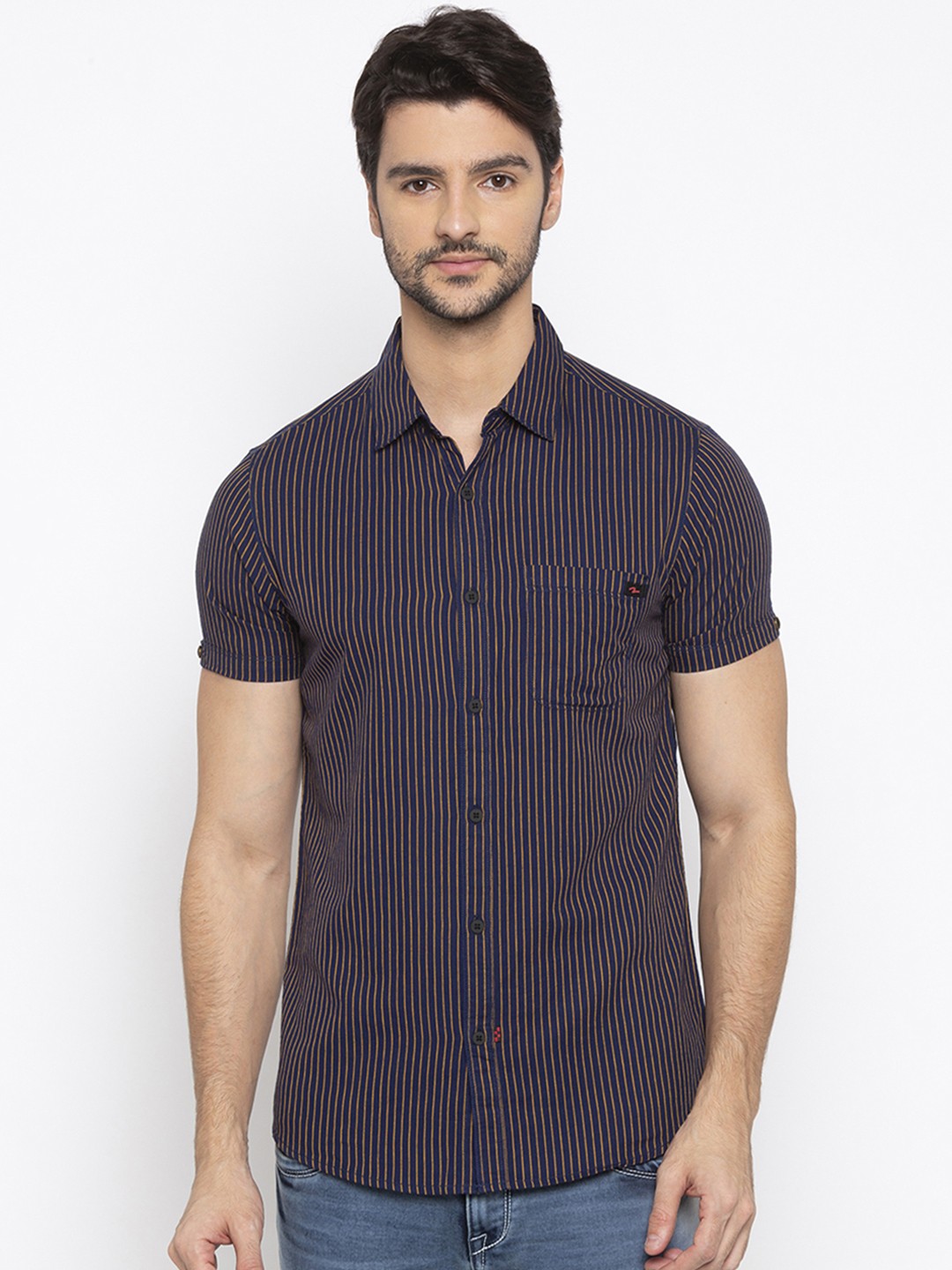 

SPYKAR Men Navy Blue & Yellow Slim Fit Striped Casual Shirt