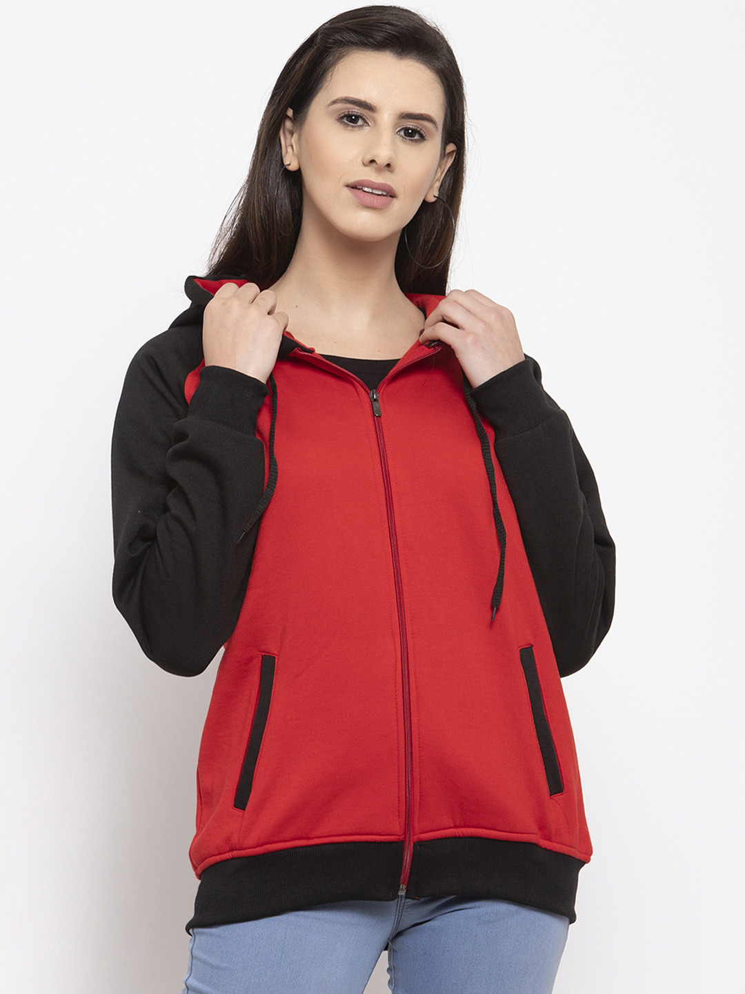 

VOXATI Women Red & Black Solid Hooded Sweatshirt