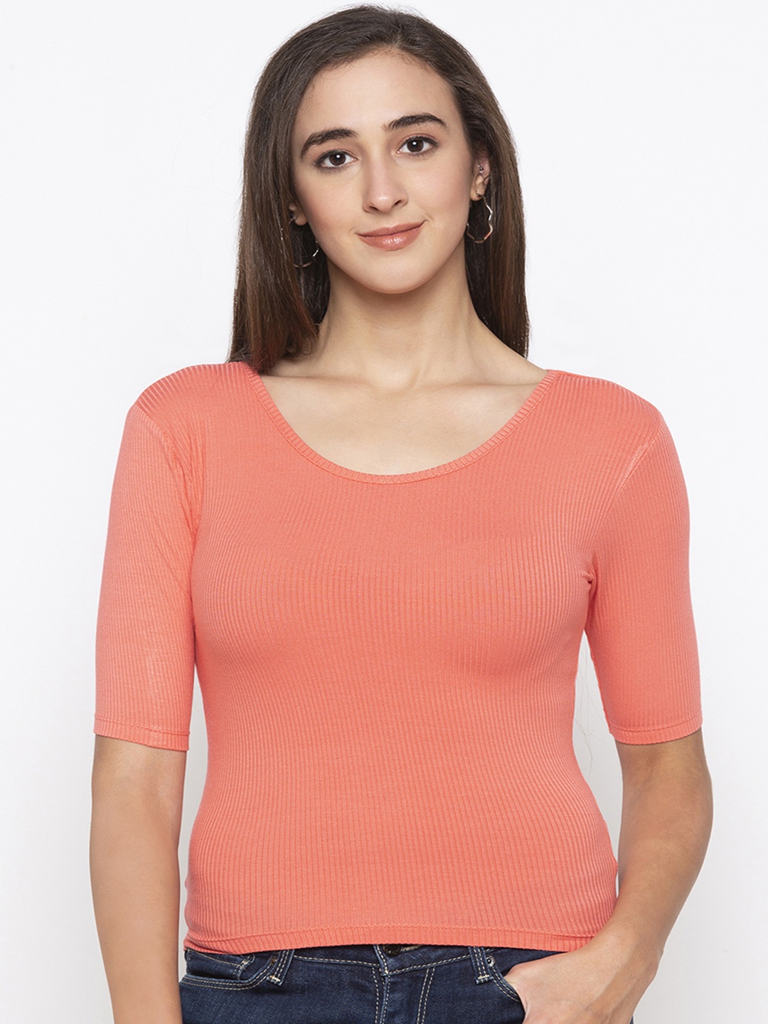 

Globus Women Peach-Coloured Self Design Pure Cotton Top