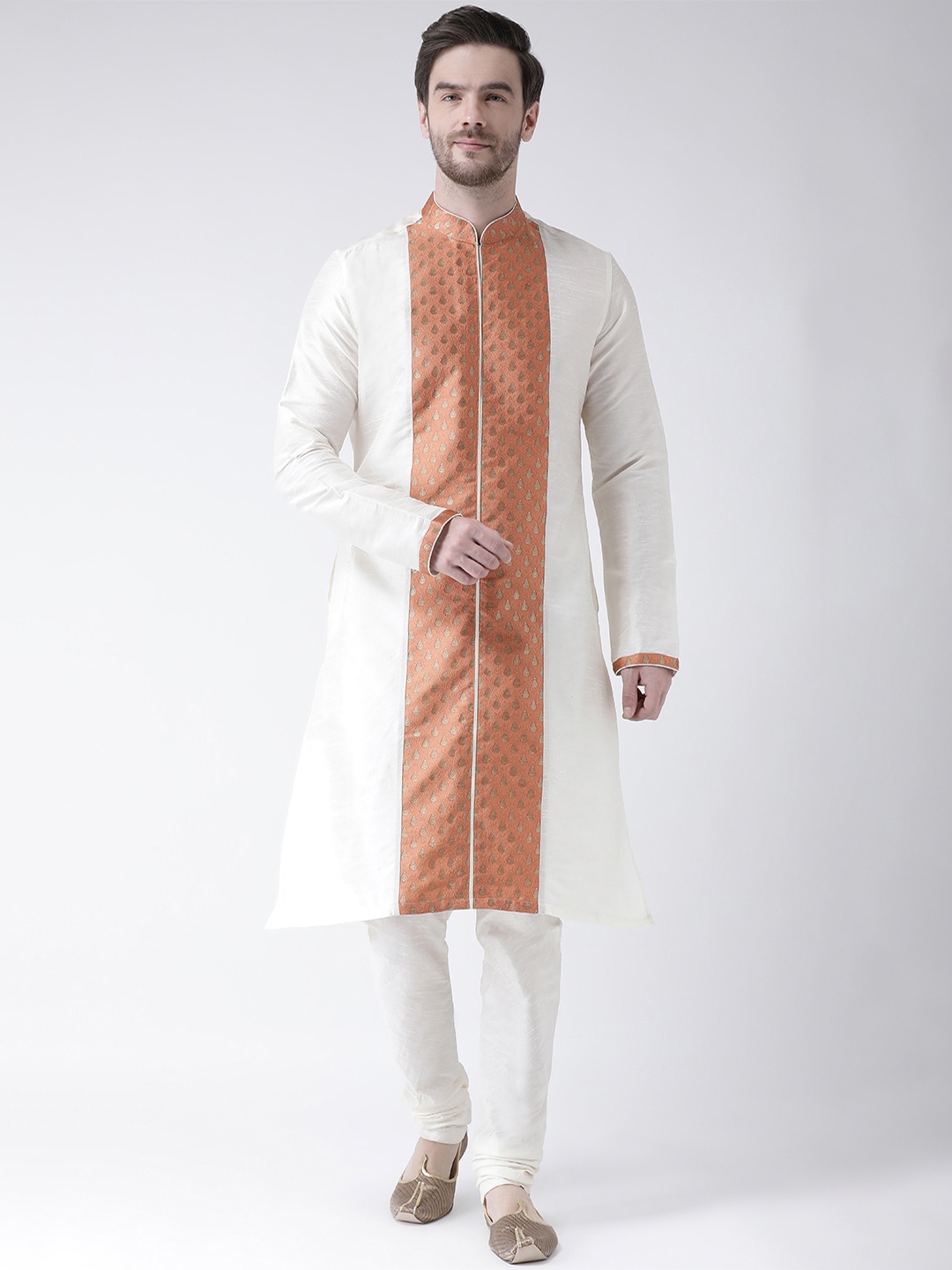 

DEYANN Men Off-White & Mustard Woven Design Straight Kurta