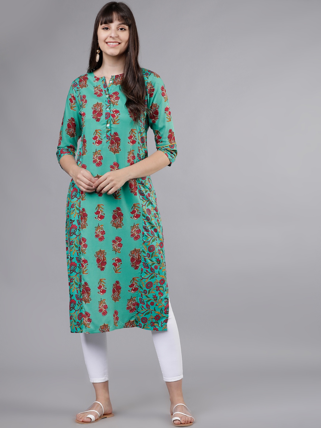

Vishudh Women Green & Red Printed Straight Kurta