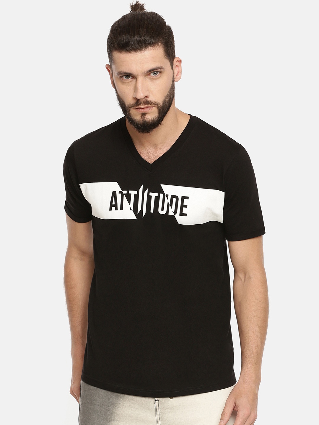 

ATTIITUDE Men Black Printed V-Neck Pure Cotton Slim Fit T-shirt