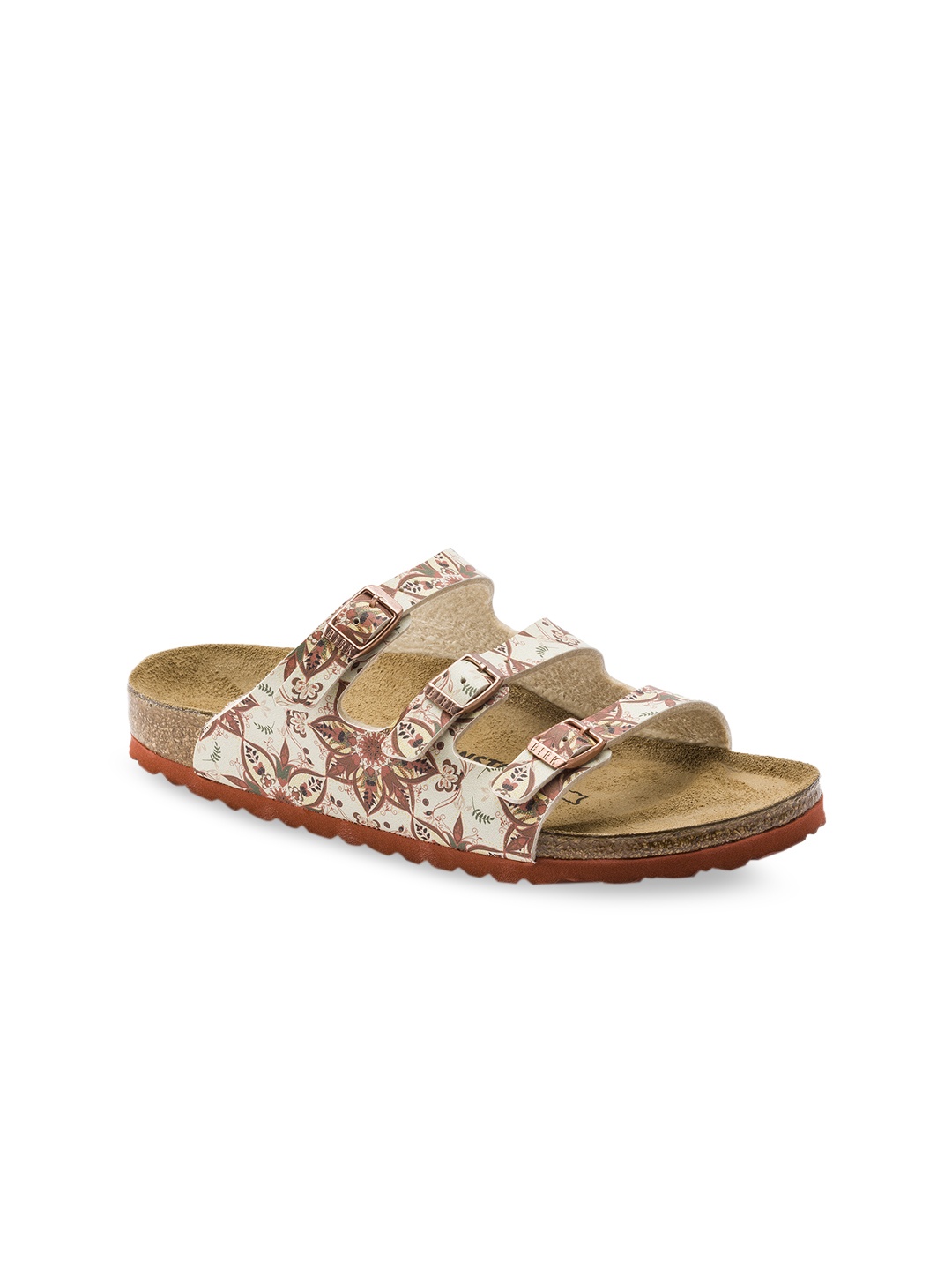Birkenstock Women Red & Off-White Florida Birko-Flor Open Toe Narrow Width Flats