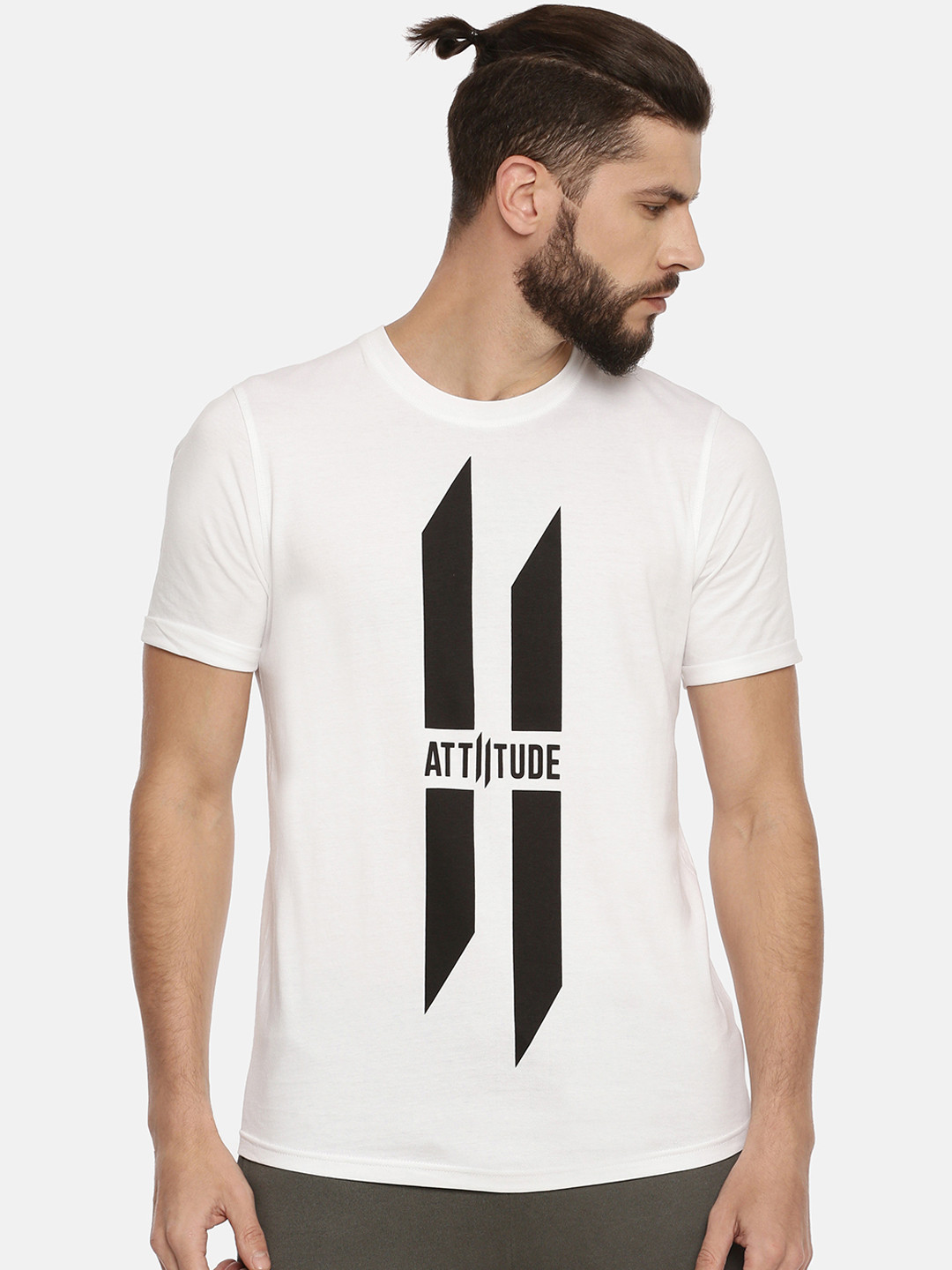 

ATTIITUDE Men White Black Printed Round Neck Slim Fit Pure Cotton T-shirt