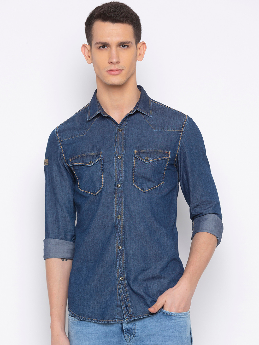 

SPYKAR Men Navy Blue Slim Fit Solid Denim Casual Shirt