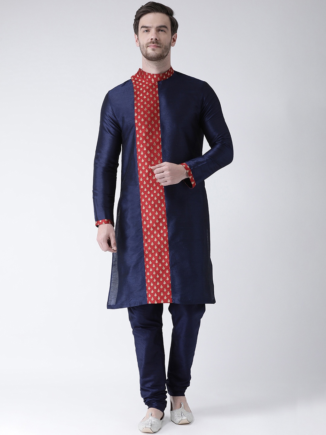 

DEYANN Men Navy Blue & Red Woven Design Straight Kurta