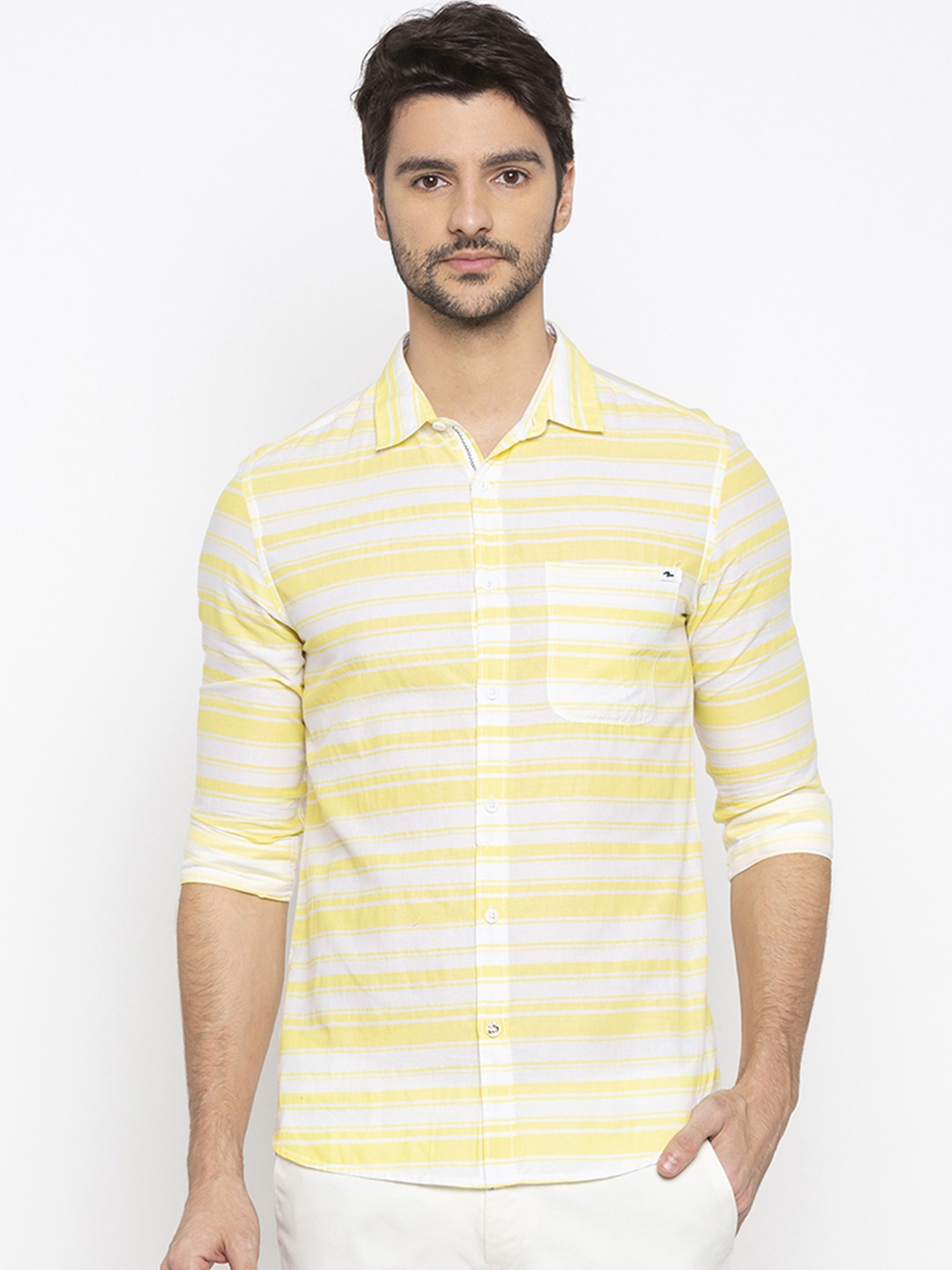 

SPYKAR Men Yellow & White Slim Fit Striped Casual Shirt