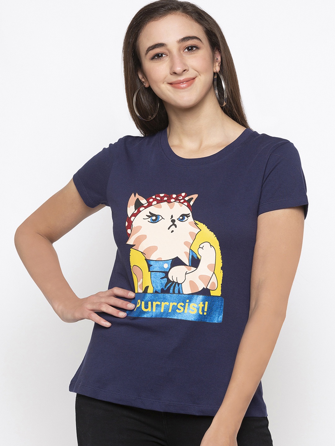 

Globus Women Navy Blue & Peach-Coloured Printed Round Neck T-shirt