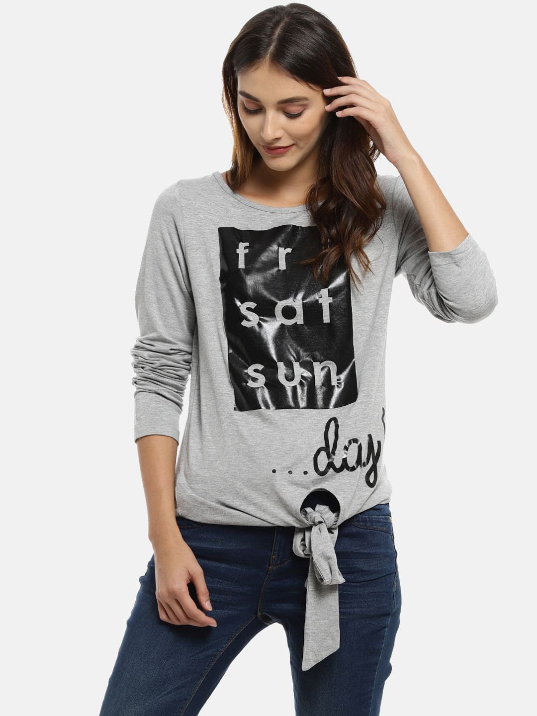 

Campus Sutra Women Grey Printed Pure Cotton Top