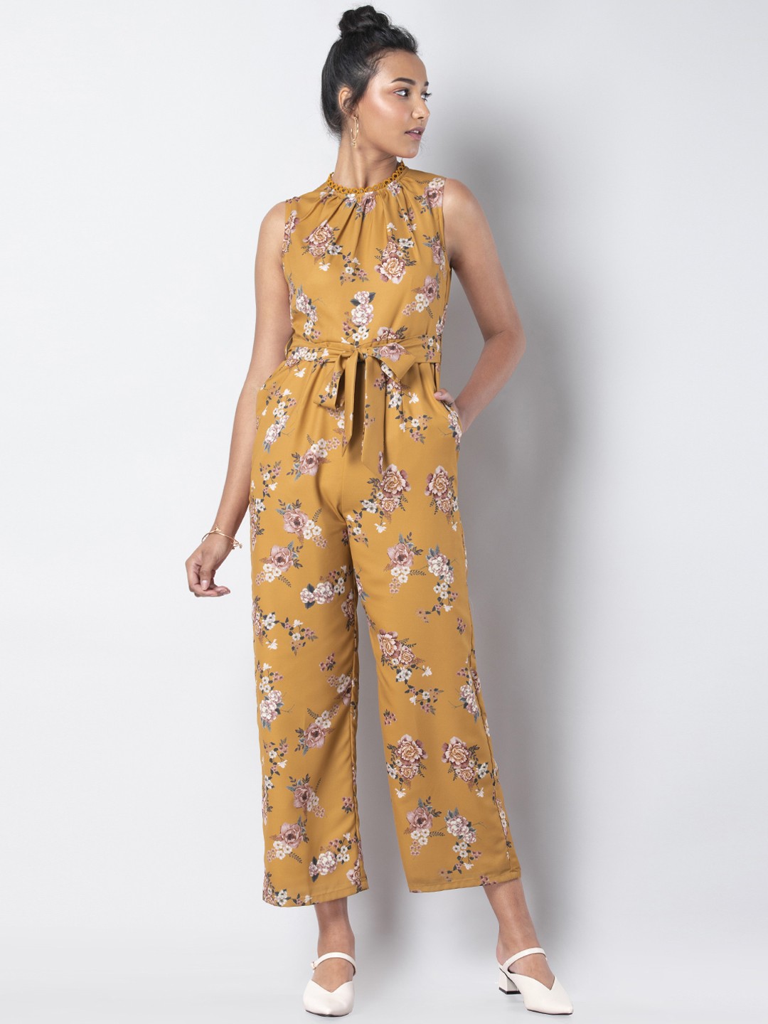

FabAlley Women Yellow & White Printed Basic Jumpsuit