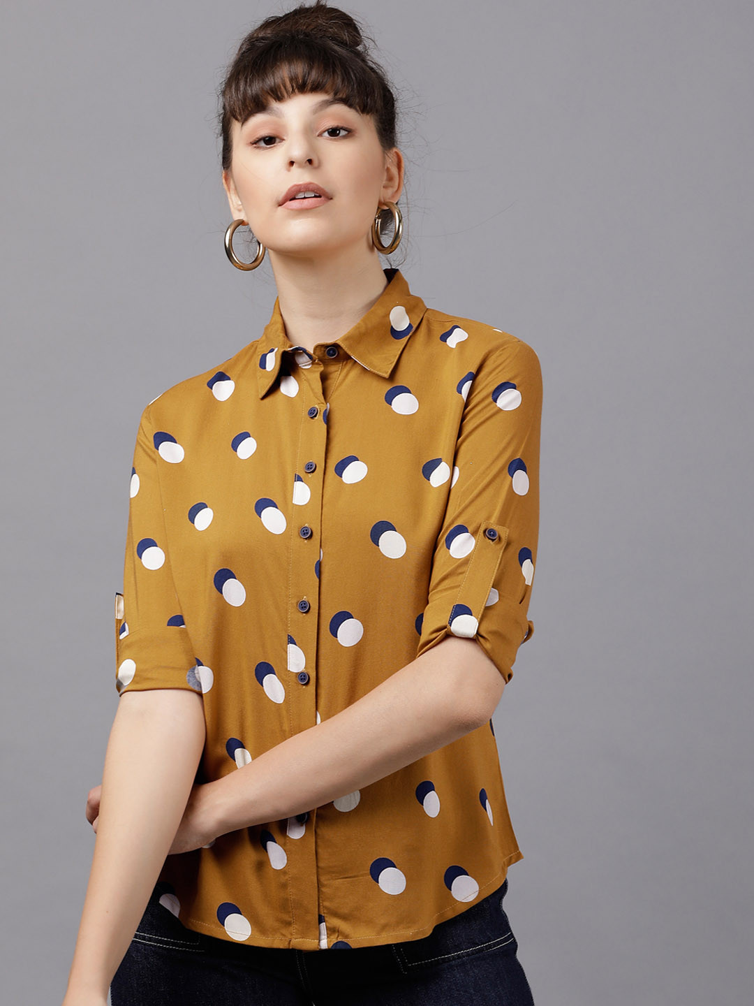 

Tokyo Talkies Women Mustard Yellow Regular Fit Polka Dot Printed Casual Shirt