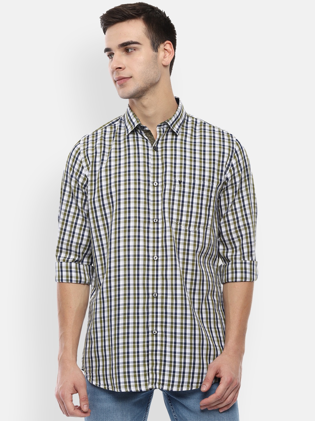 

Van Heusen Sport Men Green & Navy Blue Slim Fit Checked Casual Shirt