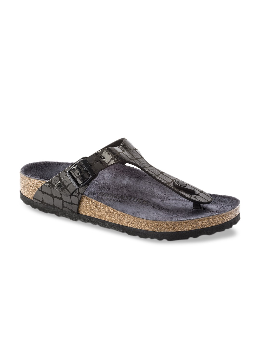 Birkenstock Women Black Croc Textured Gizeh Micro Fibre T-Strap Regular Width Flats