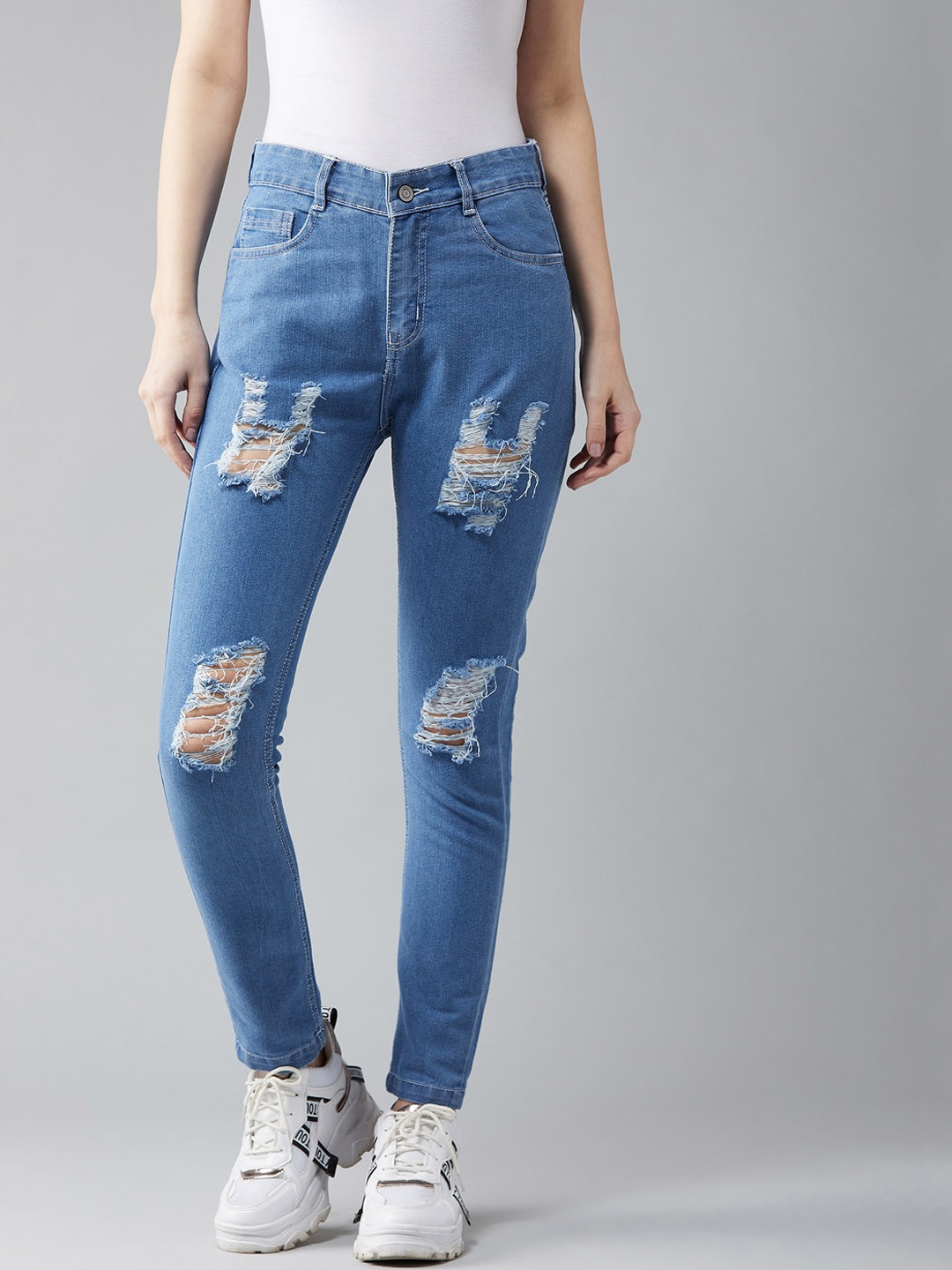 

DOLCE CRUDO Women Blue Boyfriend Fit Mid-Rise Highly Distressed Stretchable Jeans