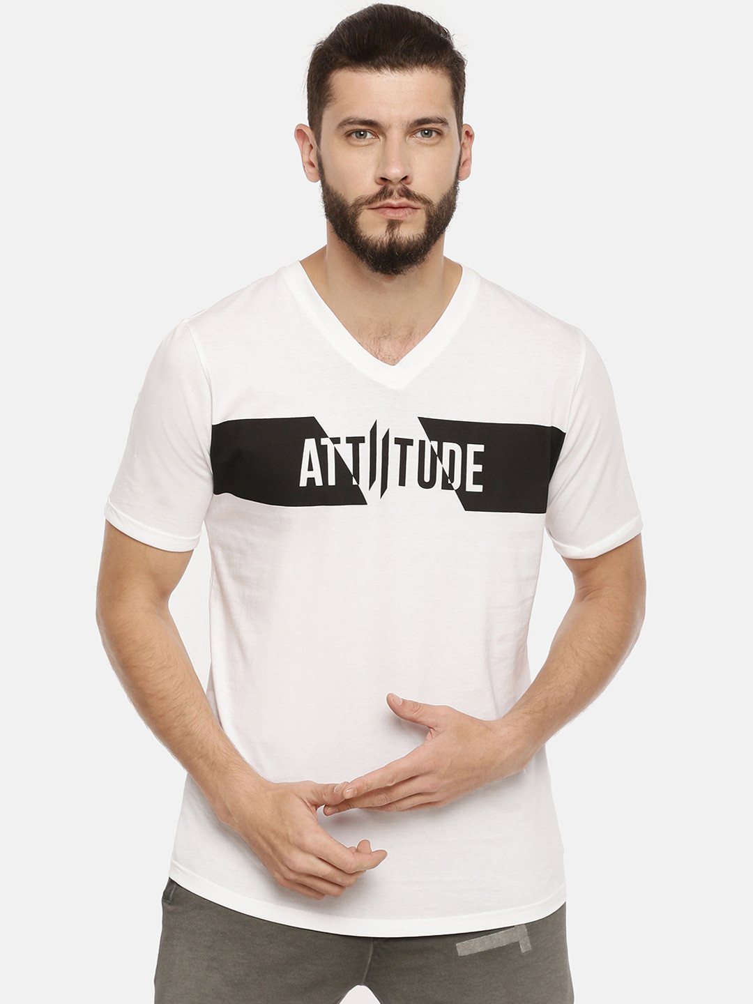 

ATTIITUDE Men White Black Printed V-Neck Slim Fit Pure Cotton T-shirt