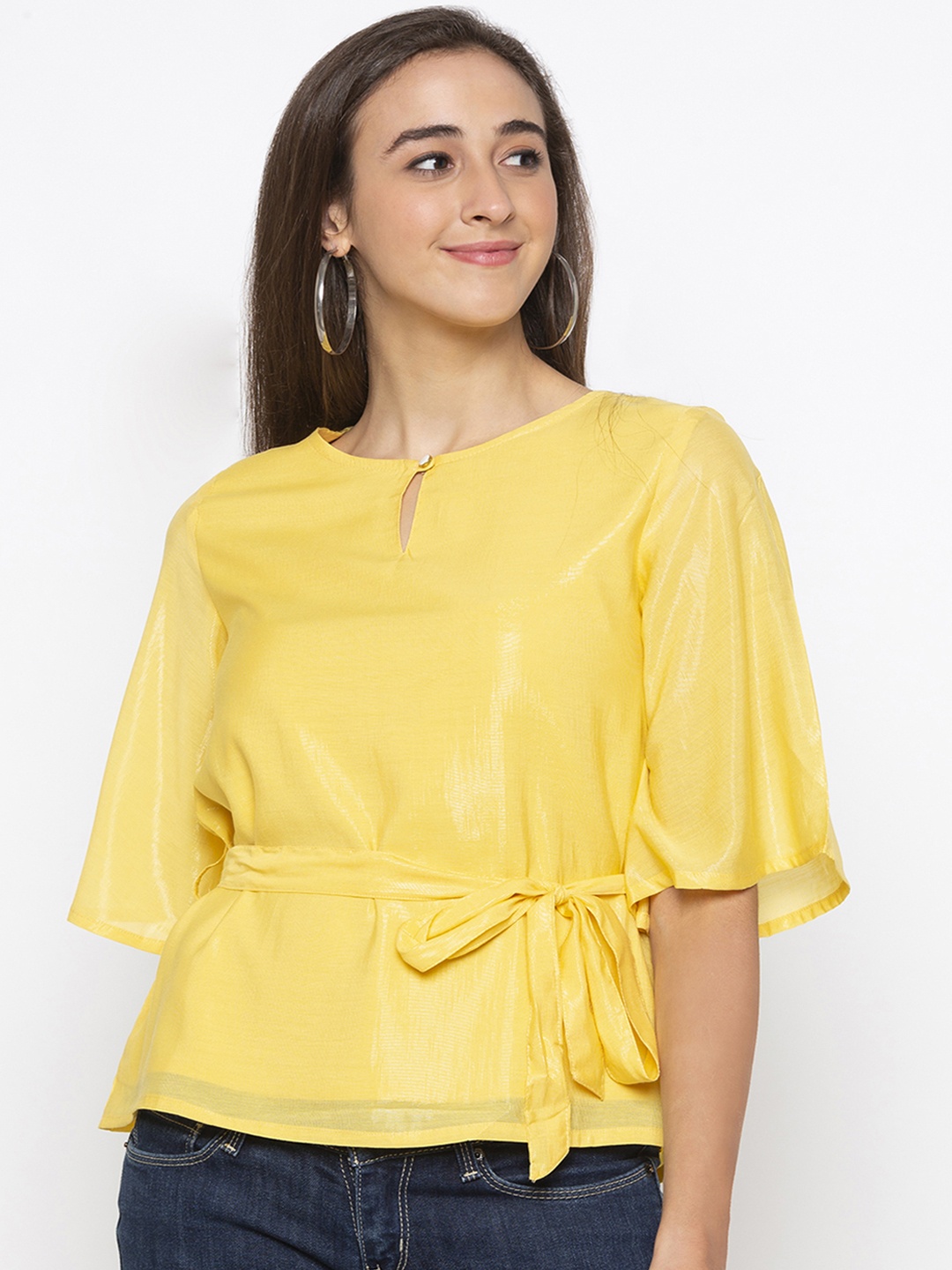 Globus Women Yellow Solid Pure Cotton Top
