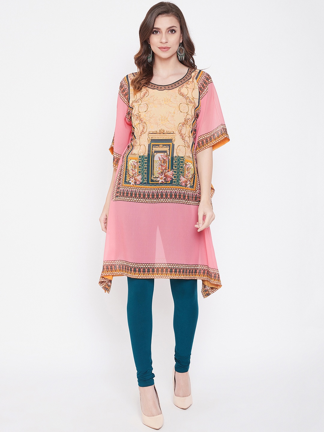 

The Kaftan Company Women Pink & Beige Printed Asymmetric Kaftan Kurta