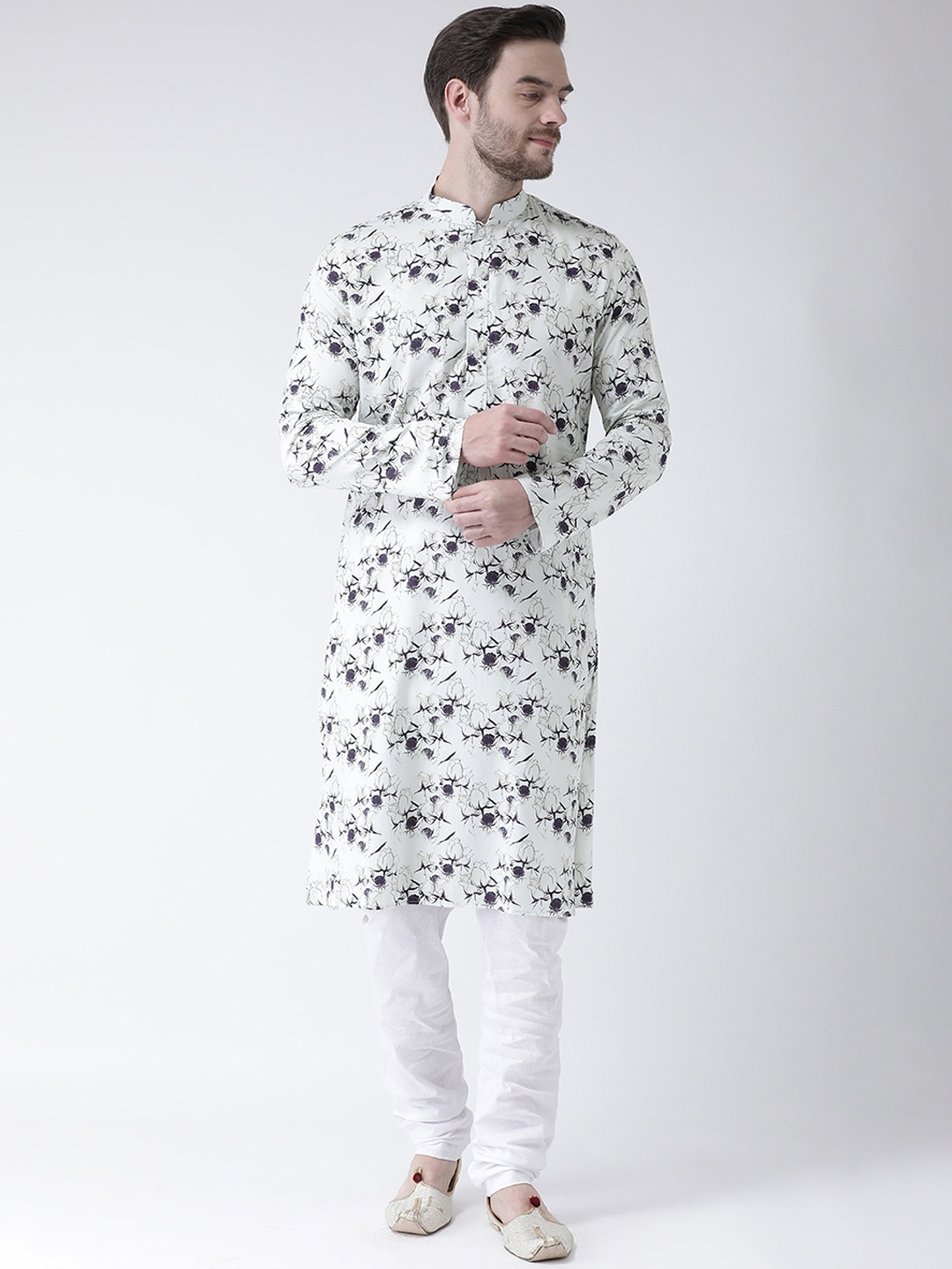 

DEYANN Men Off-White & Purple Floral Print Straight Kurta