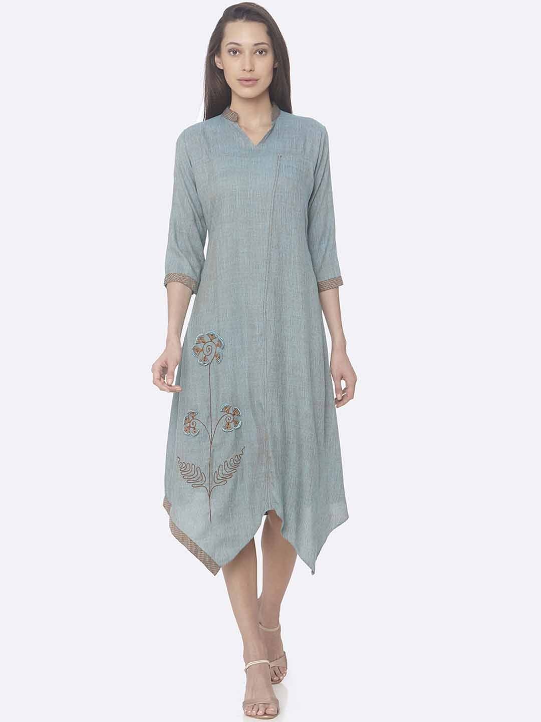 

RAISIN Women Turquoise Blue Solid A-Line Dress