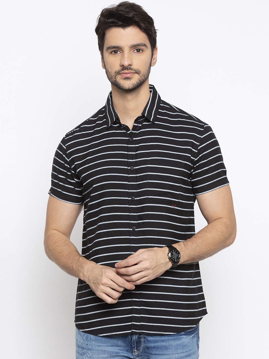 

SPYKAR Men Black & White Slim Fit Striped Casual Shirt
