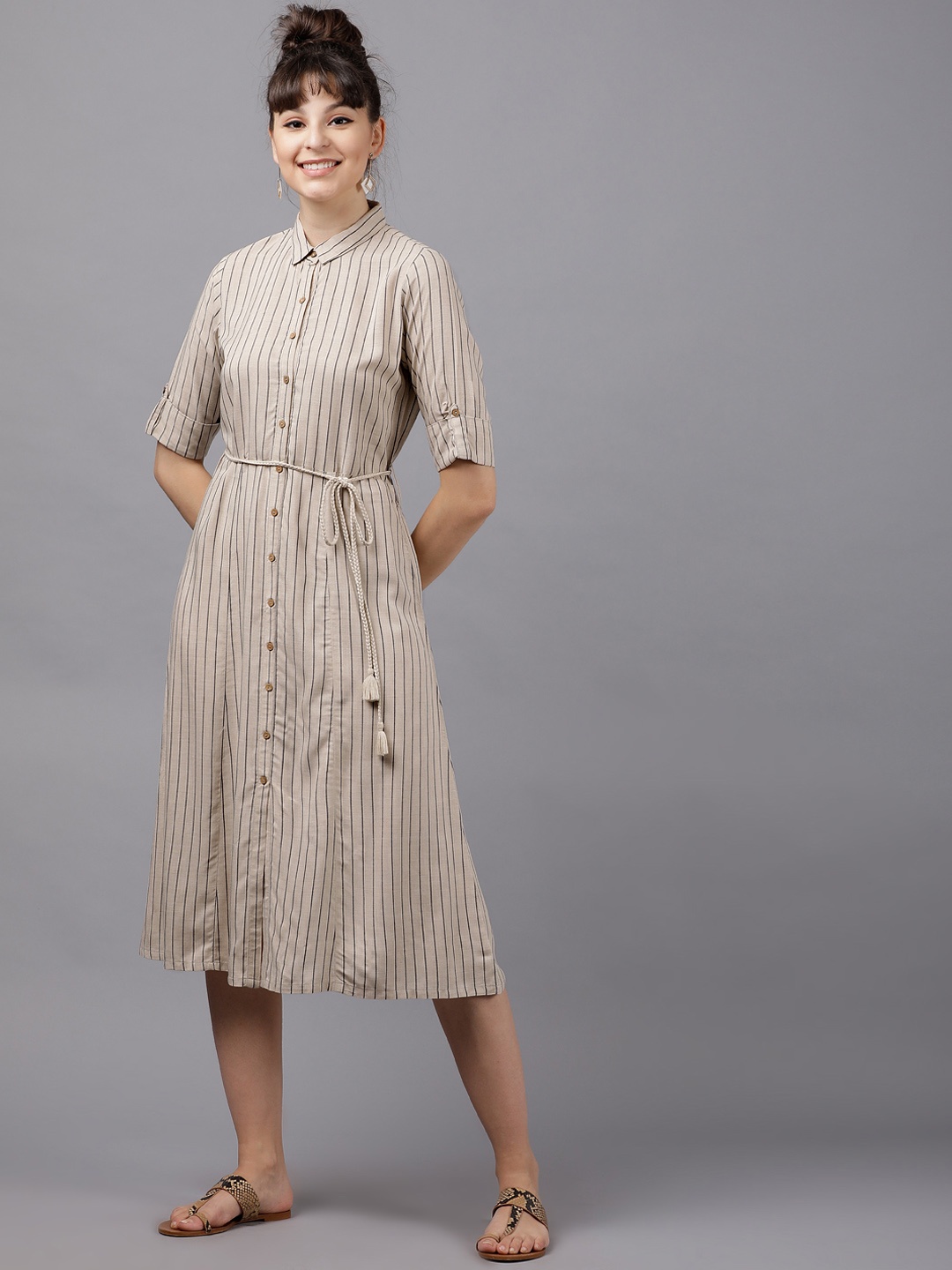 

Vishudh Women Taupe & Black Striped Shirt Dress