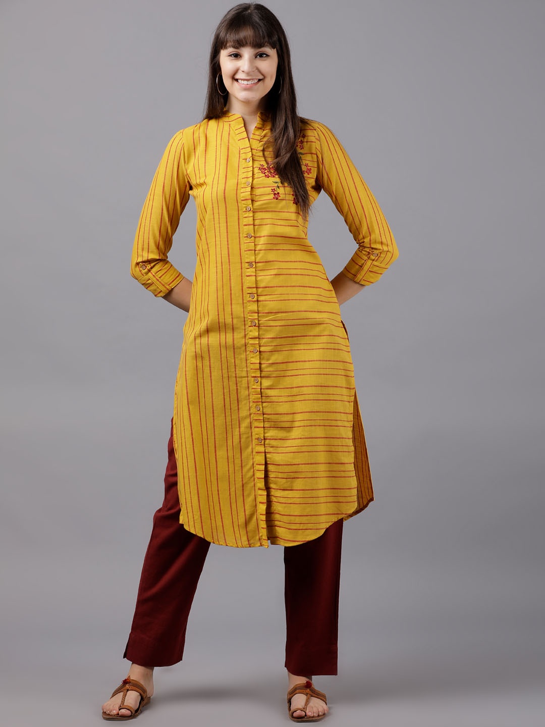 

Vishudh Women Mustard Yellow & Pink Striped Straight Kurta