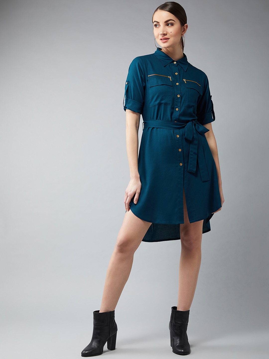 

DOLCE CRUDO Women Blue Solid Shirt Dress