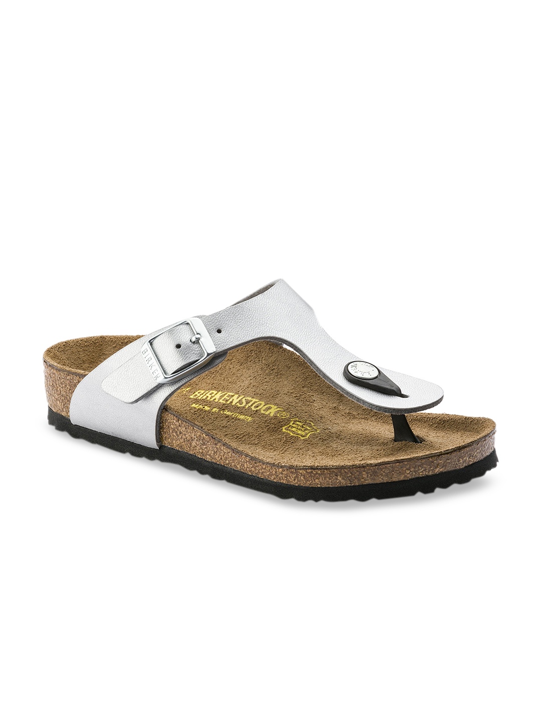 

Birkenstock Girls Silver-Toned Gizeh Birko-Flor Solid T-Strap Narrow Width Flats