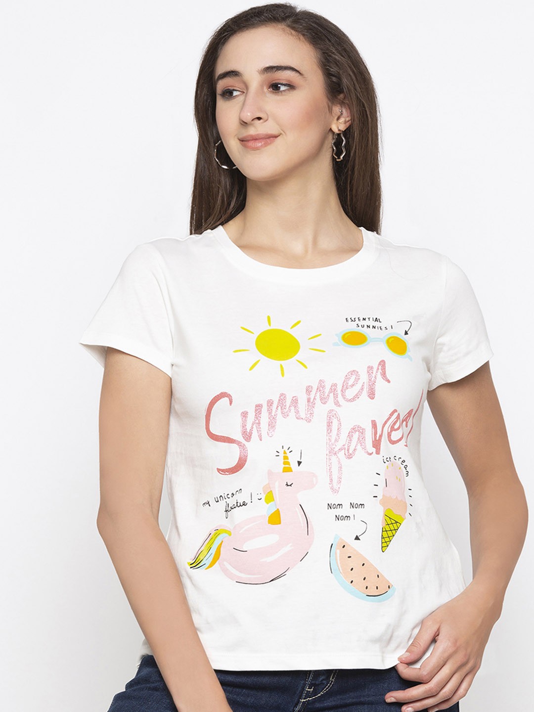 

Globus Women White Printed Round Neck T-shirt