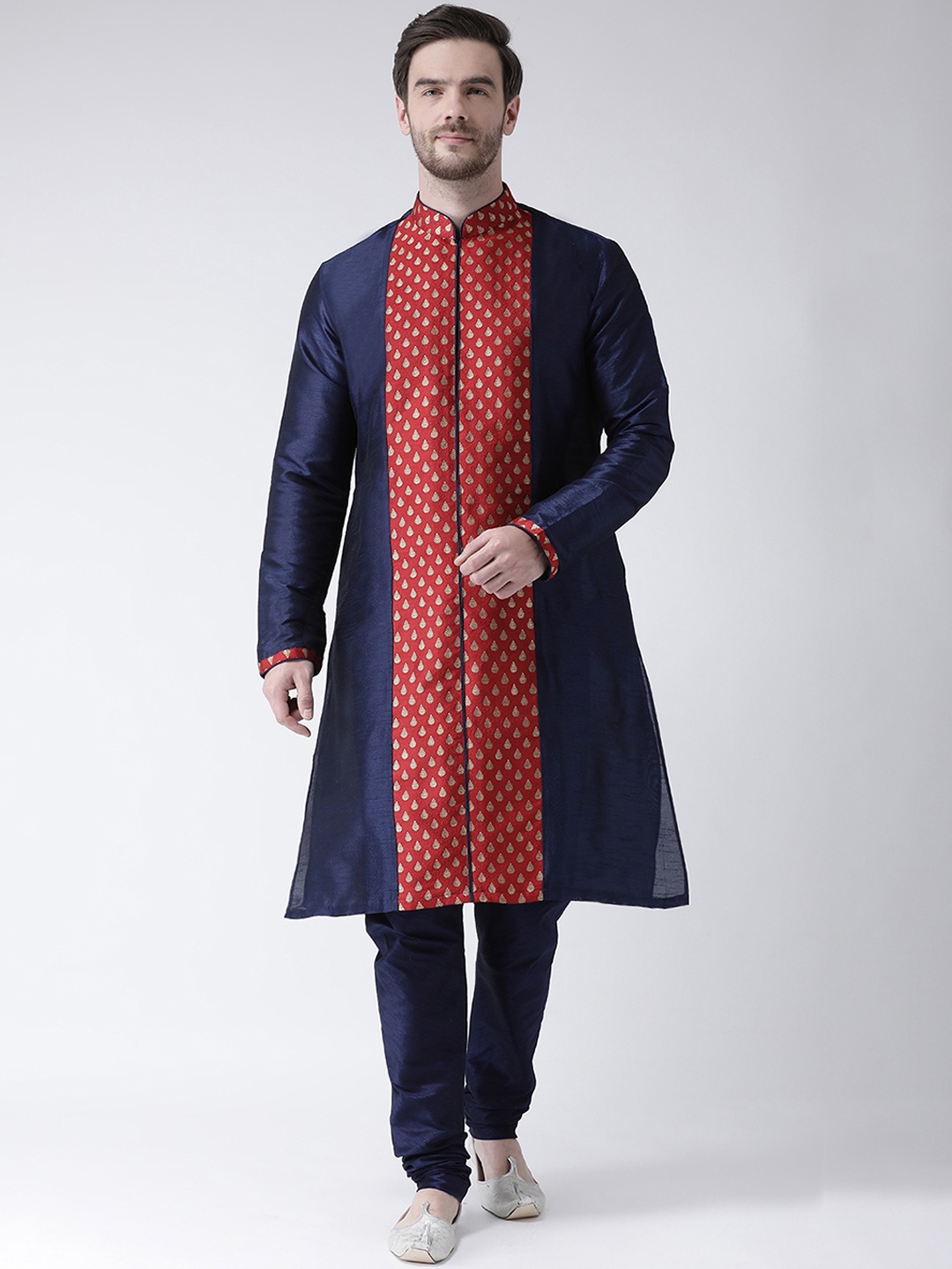 

DEYANN Men Navy Blue & Red Woven Design Straight Kurta