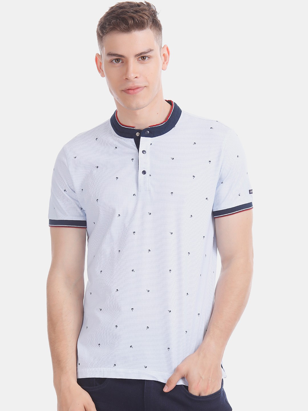 

Arrow Sport Men Blue Printed Mandarin Collar Pure Cotton T-shirt