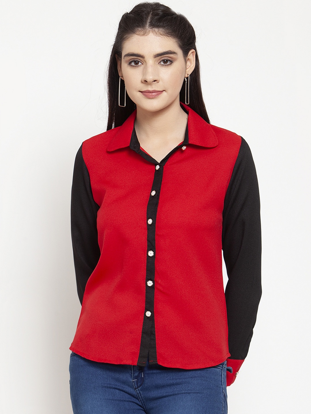 

armure Women Red & Black Regular Fit Colourblocked Casual Shirt