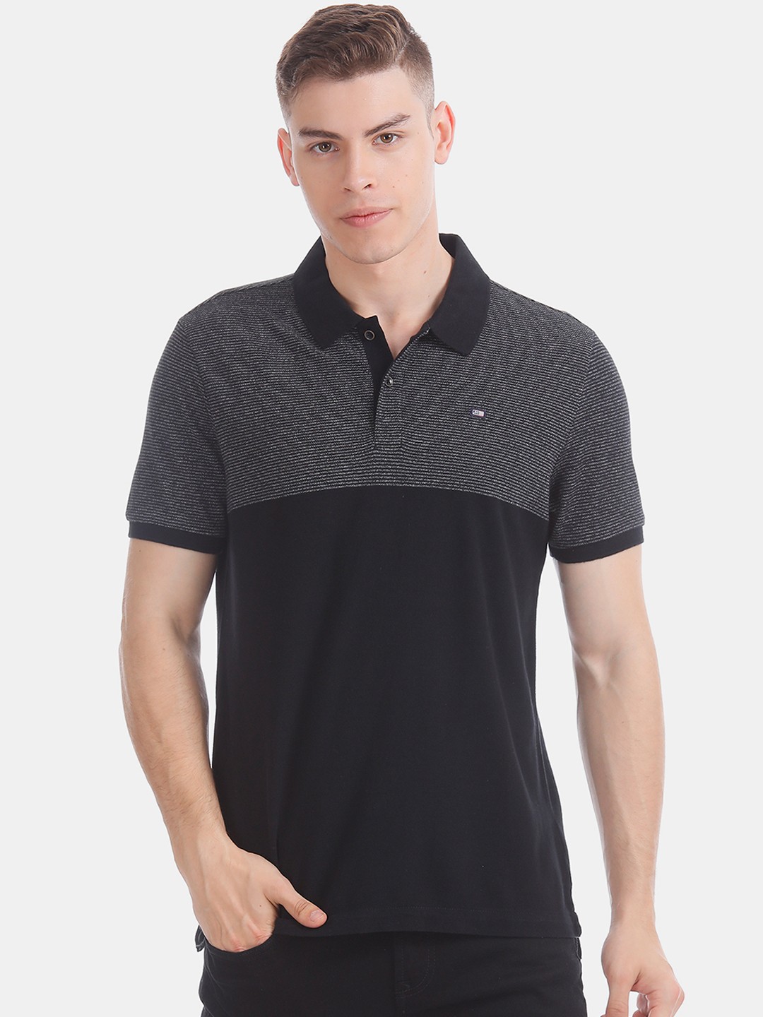 

Arrow Sport Men Black Striped Polo Collar Pure Cotton T-shirt
