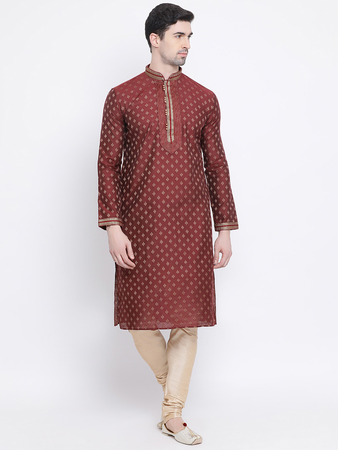 

Sanwara Men Maroon Woven Design Jacquard Straight Kurta