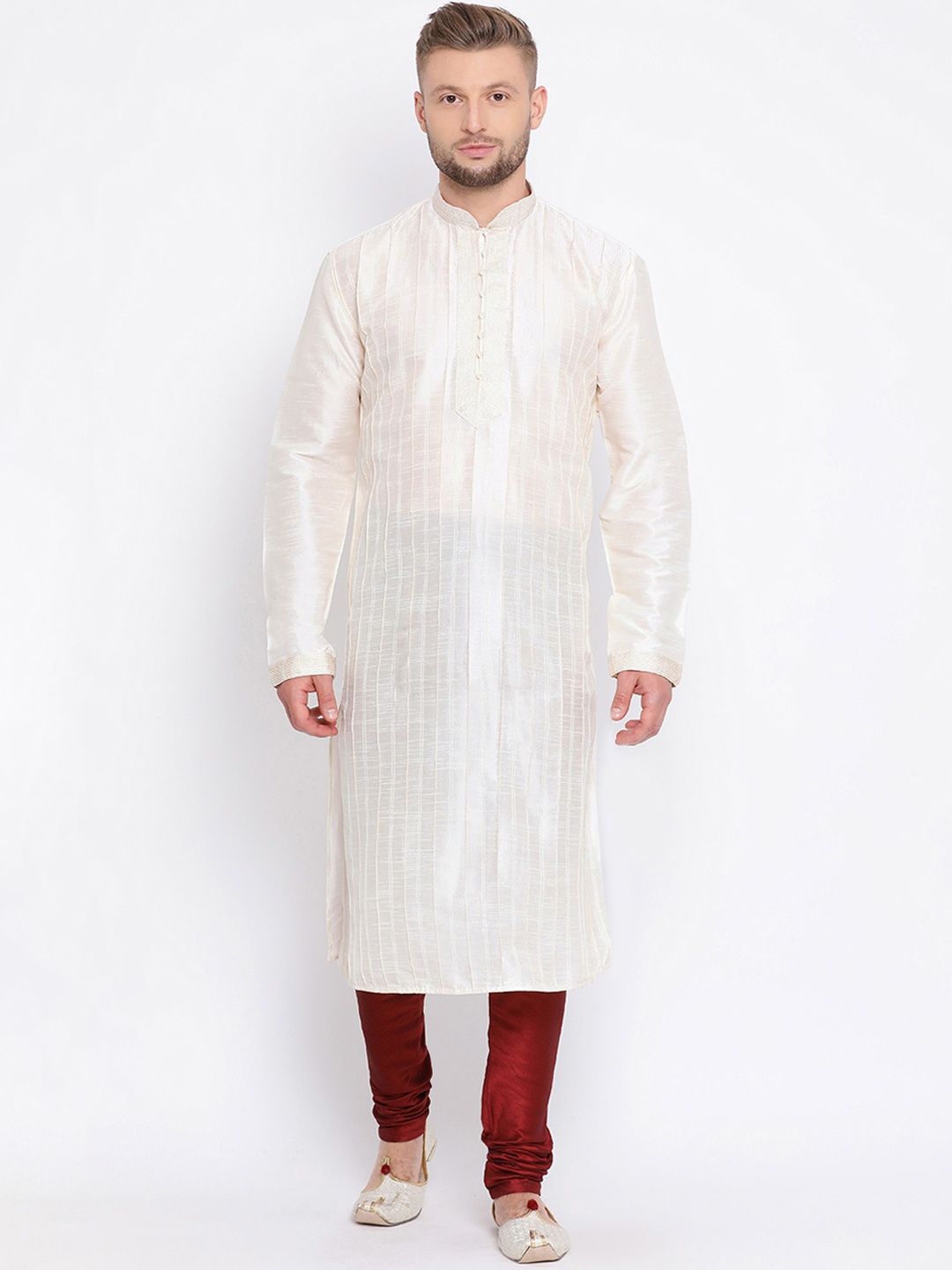 

Sanwara Men Cream-Coloured & Maroon Solid Kurta with Churidar